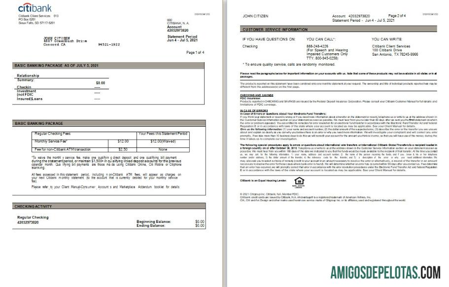 Extrato do Citibank dos EUA em branco, modelo Word e PDF, 3 páginas
